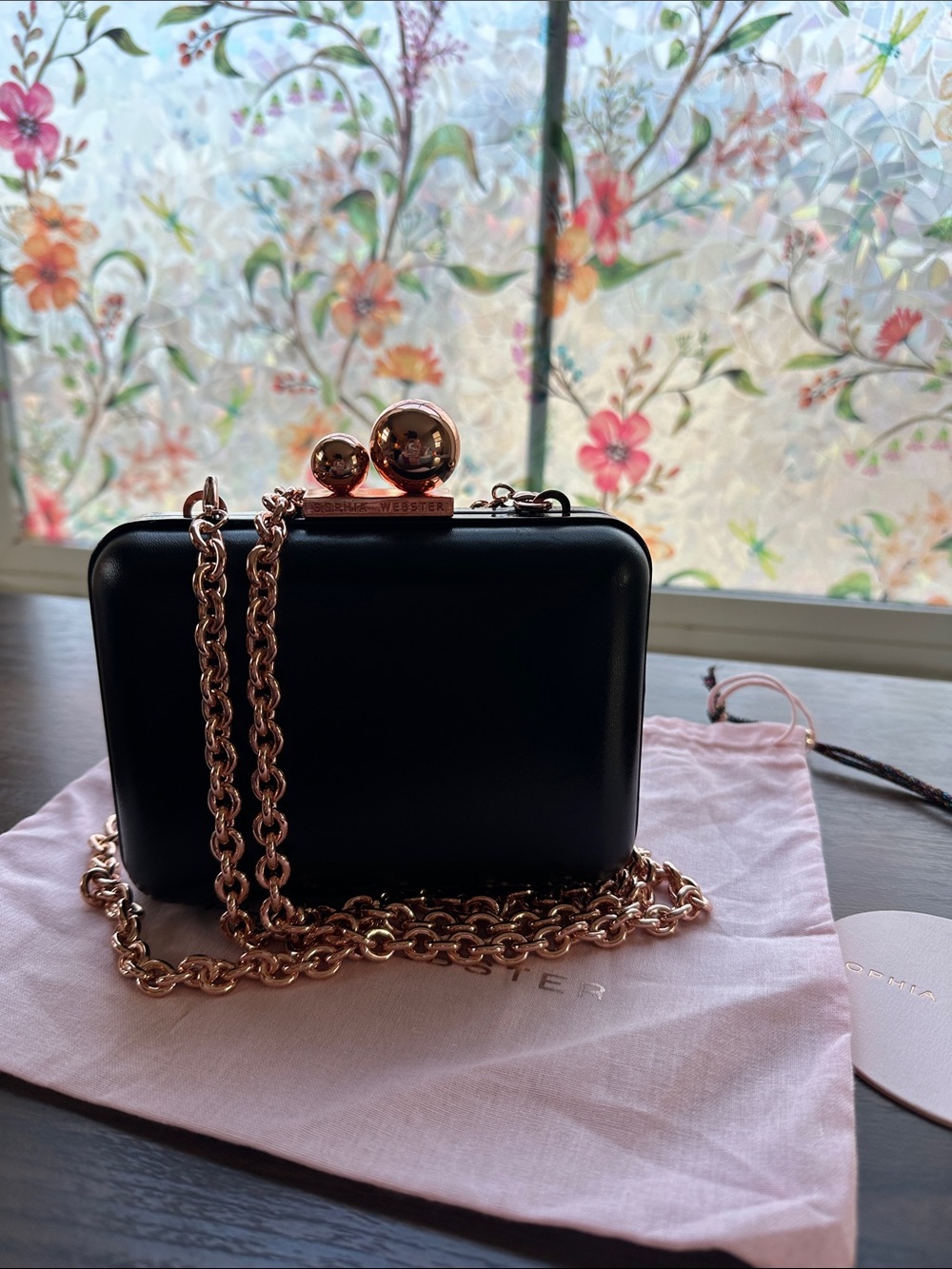 Sophia Webster Black Leather Rose Gold Chain Clutch Bag NWT
